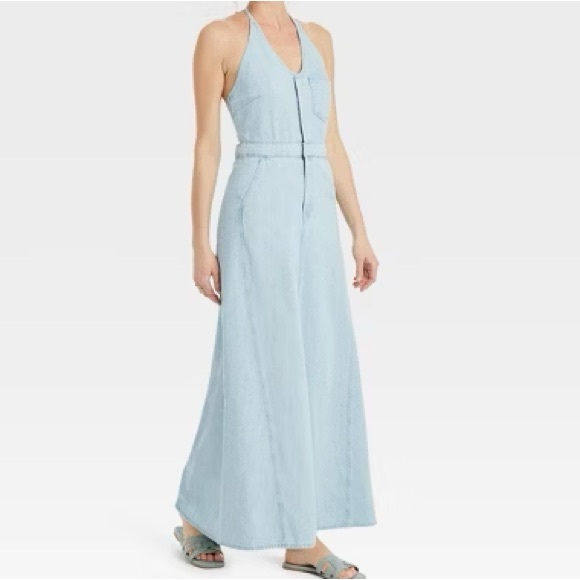 Halter Denim Maxi Dress Size Small 4 - Picture 1 of 4